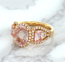 Load image into Gallery viewer, Three Stone Padparadscha Ring with Diamond Halo in 18K Rose Gold