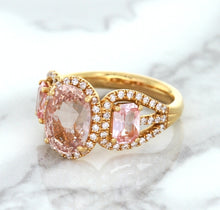 Load image into Gallery viewer, Three Stone Padparadscha Ring with Diamond Halo in 18K Rose Gold