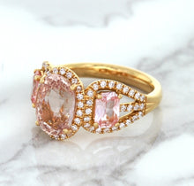 Load image into Gallery viewer, Three Stone Padparadscha Ring with Diamond Halo in 18K Rose Gold