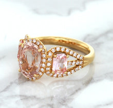 Load image into Gallery viewer, Three Stone Padparadscha Ring with Diamond Halo in 18K Rose Gold