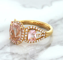 Load image into Gallery viewer, Three Stone Padparadscha Ring with Diamond Halo in 18K Rose Gold