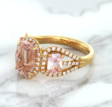 Load image into Gallery viewer, Three Stone Padparadscha Ring with Diamond Halo in 18K Rose Gold