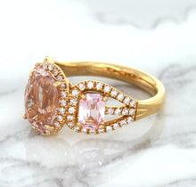 Load image into Gallery viewer, Three Stone Padparadscha Ring with Diamond Halo in 18K Rose Gold