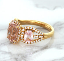 Load image into Gallery viewer, Three Stone Padparadscha Ring with Diamond Halo in 18K Rose Gold