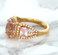Load image into Gallery viewer, Three Stone Padparadscha Ring with Diamond Halo in 18K Rose Gold
