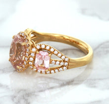 Load image into Gallery viewer, Three Stone Padparadscha Ring with Diamond Halo in 18K Rose Gold