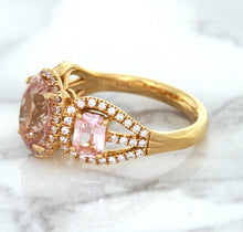 Load image into Gallery viewer, Three Stone Padparadscha Ring with Diamond Halo in 18K Rose Gold