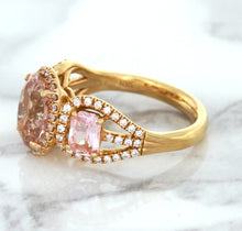 Load image into Gallery viewer, Three Stone Padparadscha Ring with Diamond Halo in 18K Rose Gold