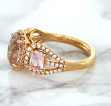 Load image into Gallery viewer, Three Stone Padparadscha Ring with Diamond Halo in 18K Rose Gold