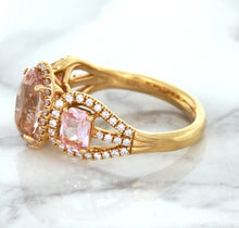 Load image into Gallery viewer, Three Stone Padparadscha Ring with Diamond Halo in 18K Rose Gold