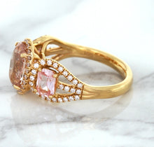 Load image into Gallery viewer, Three Stone Padparadscha Ring with Diamond Halo in 18K Rose Gold