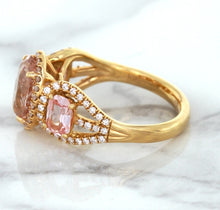 Load image into Gallery viewer, Three Stone Padparadscha Ring with Diamond Halo in 18K Rose Gold