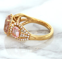 Load image into Gallery viewer, Three Stone Padparadscha Ring with Diamond Halo in 18K Rose Gold