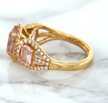 Load image into Gallery viewer, Three Stone Padparadscha Ring with Diamond Halo in 18K Rose Gold