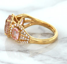 Load image into Gallery viewer, Three Stone Padparadscha Ring with Diamond Halo in 18K Rose Gold
