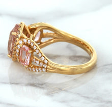 Load image into Gallery viewer, Three Stone Padparadscha Ring with Diamond Halo in 18K Rose Gold