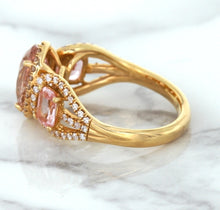 Load image into Gallery viewer, Three Stone Padparadscha Ring with Diamond Halo in 18K Rose Gold