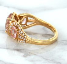 Load image into Gallery viewer, Three Stone Padparadscha Ring with Diamond Halo in 18K Rose Gold