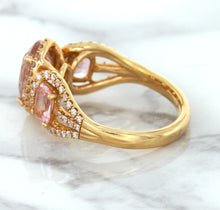 Load image into Gallery viewer, Three Stone Padparadscha Ring with Diamond Halo in 18K Rose Gold