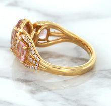 Load image into Gallery viewer, Three Stone Padparadscha Ring with Diamond Halo in 18K Rose Gold