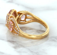 Load image into Gallery viewer, Three Stone Padparadscha Ring with Diamond Halo in 18K Rose Gold