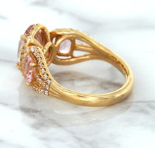 Load image into Gallery viewer, Three Stone Padparadscha Ring with Diamond Halo in 18K Rose Gold