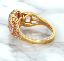 Load image into Gallery viewer, Three Stone Padparadscha Ring with Diamond Halo in 18K Rose Gold