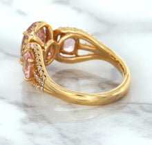 Load image into Gallery viewer, Three Stone Padparadscha Ring with Diamond Halo in 18K Rose Gold
