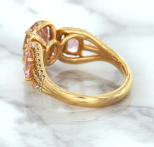 Load image into Gallery viewer, Three Stone Padparadscha Ring with Diamond Halo in 18K Rose Gold