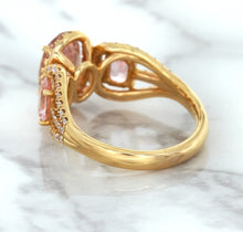 Load image into Gallery viewer, Three Stone Padparadscha Ring with Diamond Halo in 18K Rose Gold