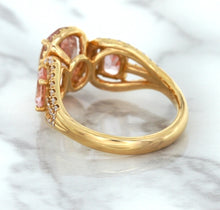 Load image into Gallery viewer, Three Stone Padparadscha Ring with Diamond Halo in 18K Rose Gold