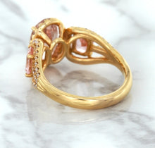 Load image into Gallery viewer, Three Stone Padparadscha Ring with Diamond Halo in 18K Rose Gold