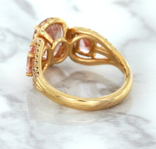 Load image into Gallery viewer, Three Stone Padparadscha Ring with Diamond Halo in 18K Rose Gold