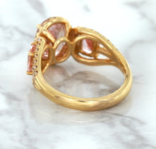 Load image into Gallery viewer, Three Stone Padparadscha Ring with Diamond Halo in 18K Rose Gold