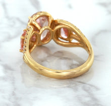 Load image into Gallery viewer, Three Stone Padparadscha Ring with Diamond Halo in 18K Rose Gold