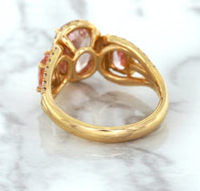 Load image into Gallery viewer, Three Stone Padparadscha Ring with Diamond Halo in 18K Rose Gold