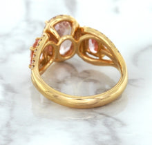 Load image into Gallery viewer, Three Stone Padparadscha Ring with Diamond Halo in 18K Rose Gold
