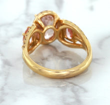 Load image into Gallery viewer, Three Stone Padparadscha Ring with Diamond Halo in 18K Rose Gold