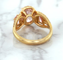 Load image into Gallery viewer, Three Stone Padparadscha Ring with Diamond Halo in 18K Rose Gold