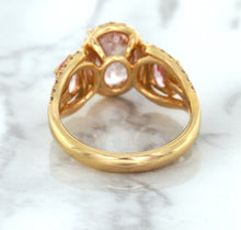 Load image into Gallery viewer, Three Stone Padparadscha Ring with Diamond Halo in 18K Rose Gold