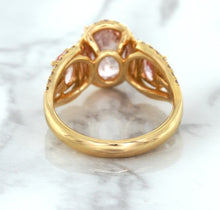 Load image into Gallery viewer, Three Stone Padparadscha Ring with Diamond Halo in 18K Rose Gold