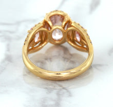 Load image into Gallery viewer, Three Stone Padparadscha Ring with Diamond Halo in 18K Rose Gold