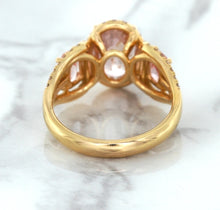 Load image into Gallery viewer, Three Stone Padparadscha Ring with Diamond Halo in 18K Rose Gold