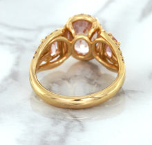 Load image into Gallery viewer, Three Stone Padparadscha Ring with Diamond Halo in 18K Rose Gold