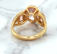 Load image into Gallery viewer, Three Stone Padparadscha Ring with Diamond Halo in 18K Rose Gold