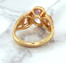Load image into Gallery viewer, Three Stone Padparadscha Ring with Diamond Halo in 18K Rose Gold