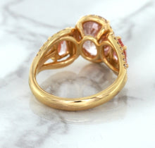 Load image into Gallery viewer, Three Stone Padparadscha Ring with Diamond Halo in 18K Rose Gold