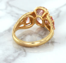 Load image into Gallery viewer, Three Stone Padparadscha Ring with Diamond Halo in 18K Rose Gold
