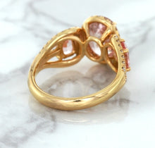 Load image into Gallery viewer, Three Stone Padparadscha Ring with Diamond Halo in 18K Rose Gold