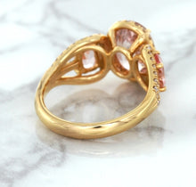 Load image into Gallery viewer, Three Stone Padparadscha Ring with Diamond Halo in 18K Rose Gold